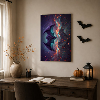 Toile murale d'Halloween avec des tourbillons abstraits violets et turquoise et des touches d'orange