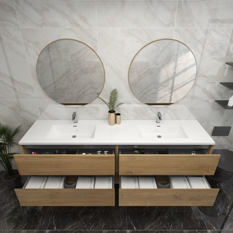 84" Wall-Mounted Double Sink Bathroom Vanity Set, Teak Oak