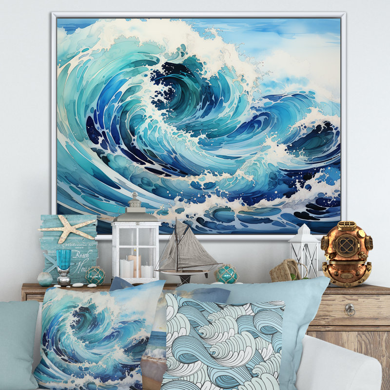 Blue Wave Ocean Storm - Ocean Wall Art, White Floater Framed, 30" H x 40" W x 1.5" D