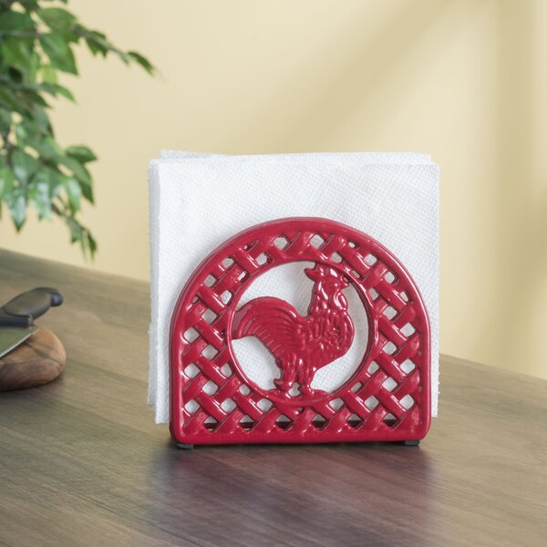 Bright Red Cast Iron Rooster Paper Towel Holder With Lattice Look