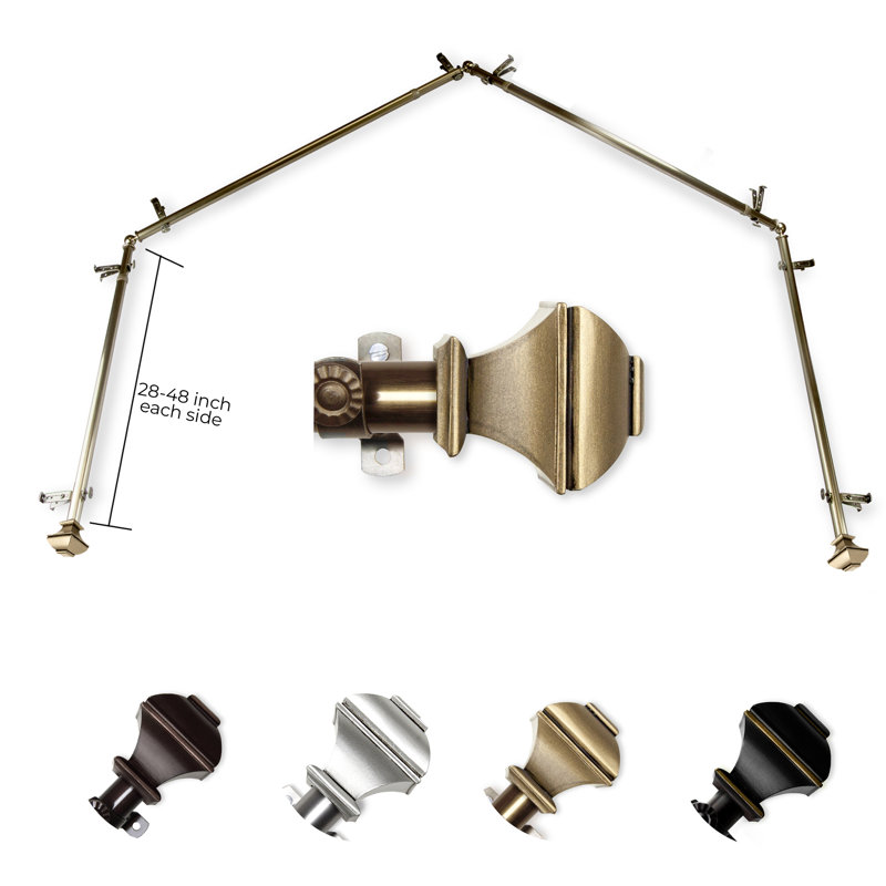 Anferney Steel Rod/Resin Finials Adjustable Bay Window Single Curtain Rod, Antique Brass, 28"–48" (each rod)