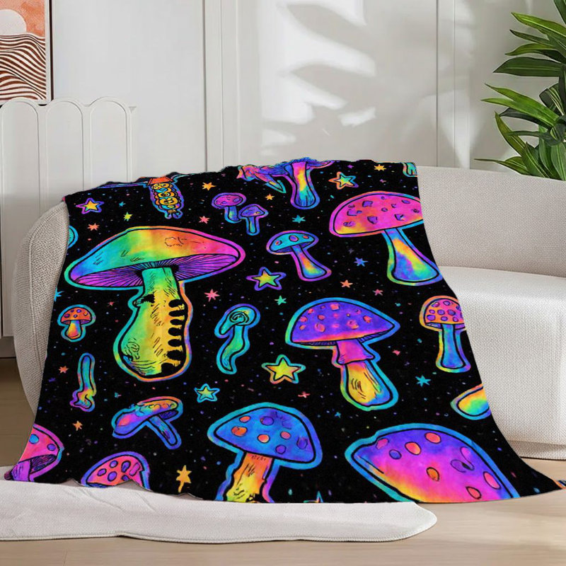 1pc couverture de flanelle à motif de champignon psychédélique doux et confortable coloré et fantaisiste Trippy pour canapé / lit / voyage 30 * 40