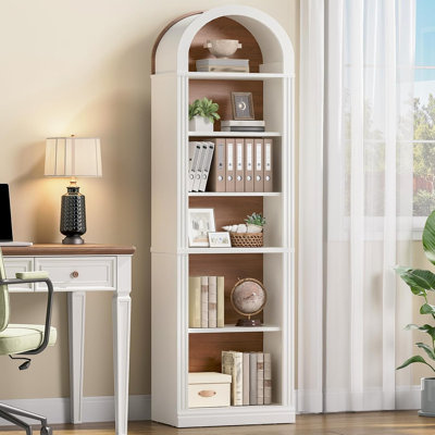 Bibliothèque étroite de 75,8 po de hauteur avec tablettes ouvertes, bibliothèque arquée avec rangement, bibliothèque de style maison de campagne à 6 niveaux avec tablette réglable