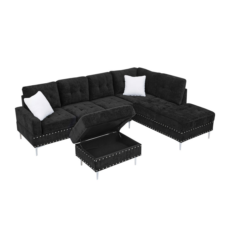 Sectional 3-Seaters Sofa With Chaise, Storage Ottoman, Metal Legs And Copper Nails,Two White Pillows ,Black(102" X 76" X35")