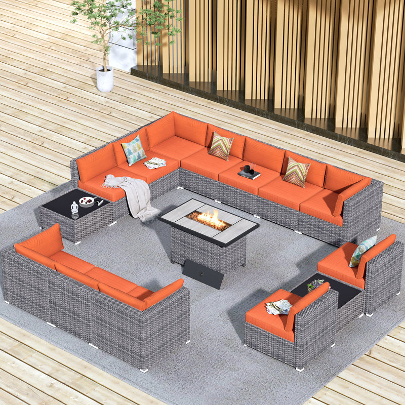 12-Person Outdoor Sectional With Cushions And Fire Pit,All-Weather Wicker Patio Set, Orange Red
