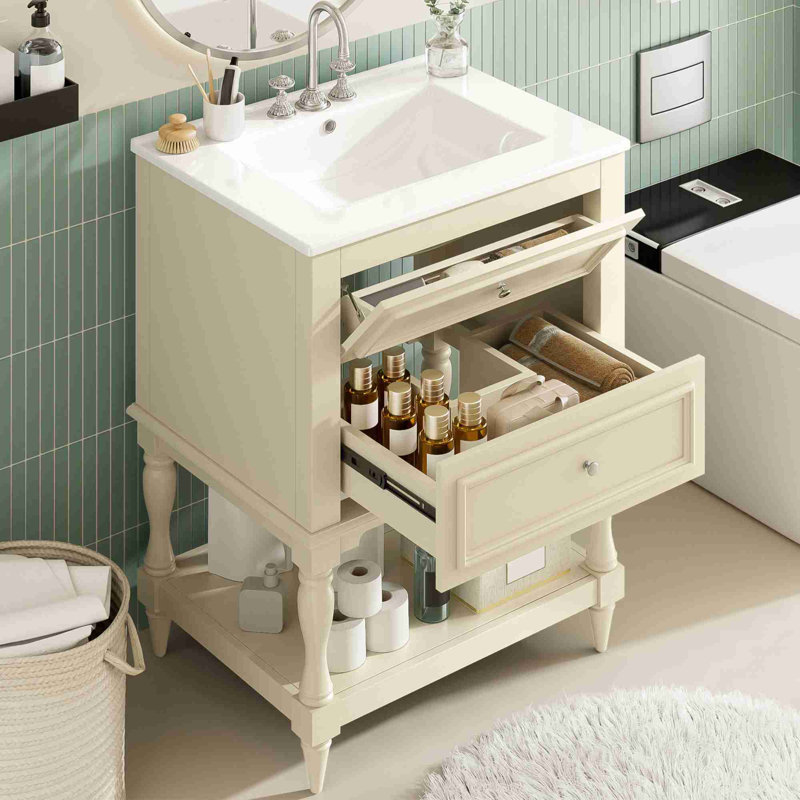 Meuble-lavabo de salle de bain avec tablette ouverte, Beige/argenté