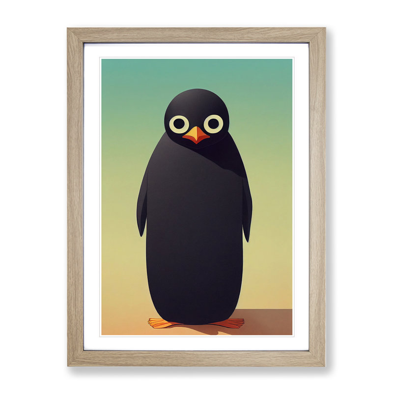 Cute Penguin - Single Picture Frame Print, 64cm H x 46cm W x 2cm D, Oak