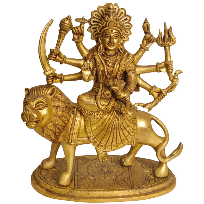7" Handmade Goddess Durga Brass Statue - Eight Armed Divine Protector on Lion - Hindu Spiritual Home Altar Decor - Indian Sacred Art