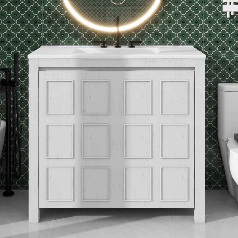 Organisateur de meuble-lavabo pratique 36 po avec lavabo en céramique, Blanc antique