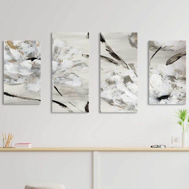 «Misty Morning Blooms On Canvas», 4 pièces par Katrina Craven, peinture, H 38 po x l 72 po x P 1,5 po