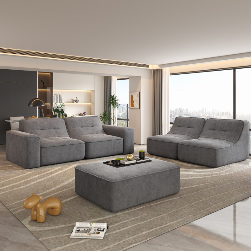 Canapé modulaire en chenille 5 pièces Boneless Evadne, Gris chenille