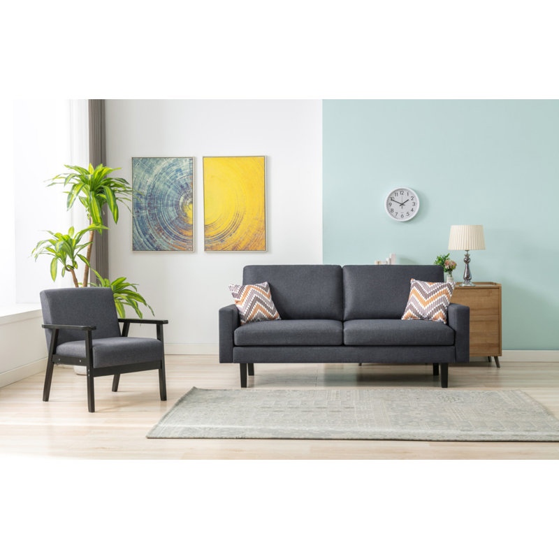 Ensemble de canapé et chaise en lin gris foncé 70 po avec 2 coussins Absecon, Gris foncé, Bois espresso
