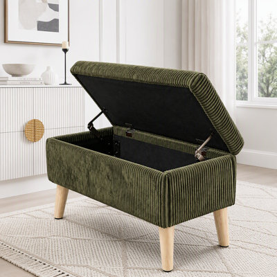 Banc de rangement en velours côtelé 32 pouces avec compartiment rabattable et pieds en bois massif
