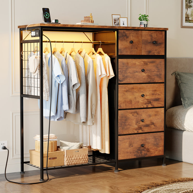 6 Drawer Dresser with Hanging Rack and Shoe Rack, Fabric Storage Dresser with Charging Station and LED Lights for Bedroom, Closet, Entryway