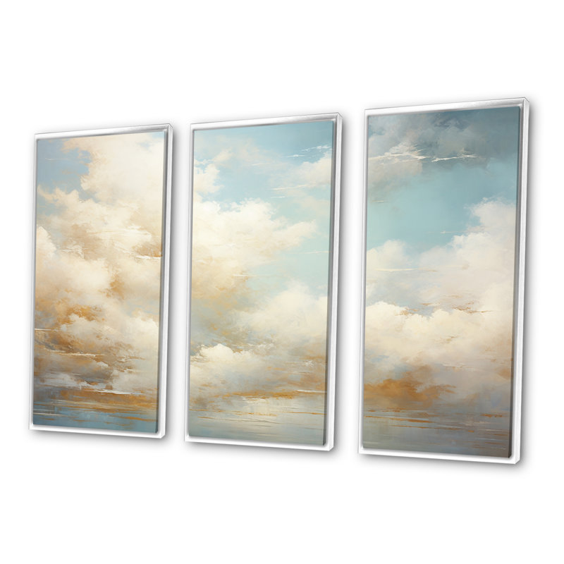 «Beige Gold Minimalisme Clouds I», ensemble d'art mural nuages, Cadre flottant blanc, H 32 po x l 48 po x P 1 po