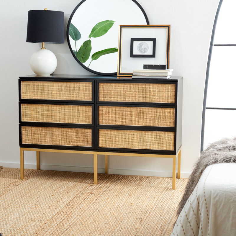 Prudhoe 54'' W 6 - Drawer Dresser, Gold/Black With Natural Rattan