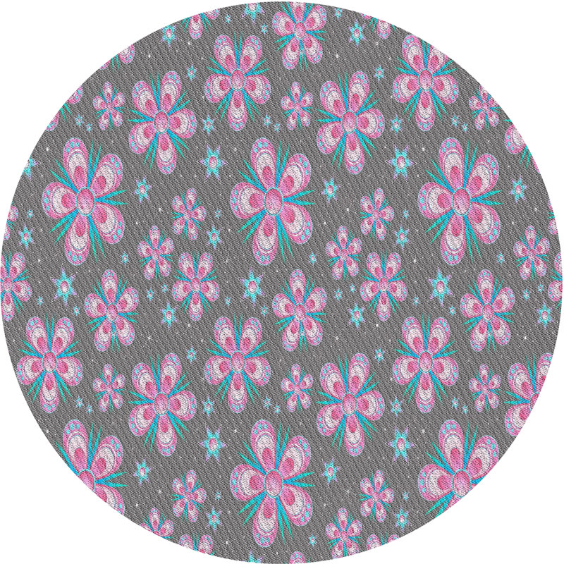 Tapis gris/zone rose à motifs, Rond 5 pi