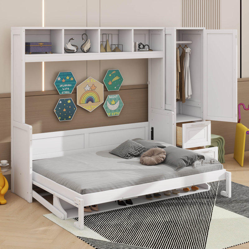 Lit escamotable peu encombrant avec garde-robe intégrée et rangement pour tiroirs, Blanc, Grand lit