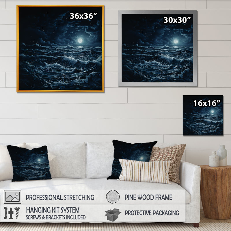 Moonlit Beach Ocean Storm - Vagues, art mural, H 16 po x l 16 po x P 1 po, Cadre flottant doré