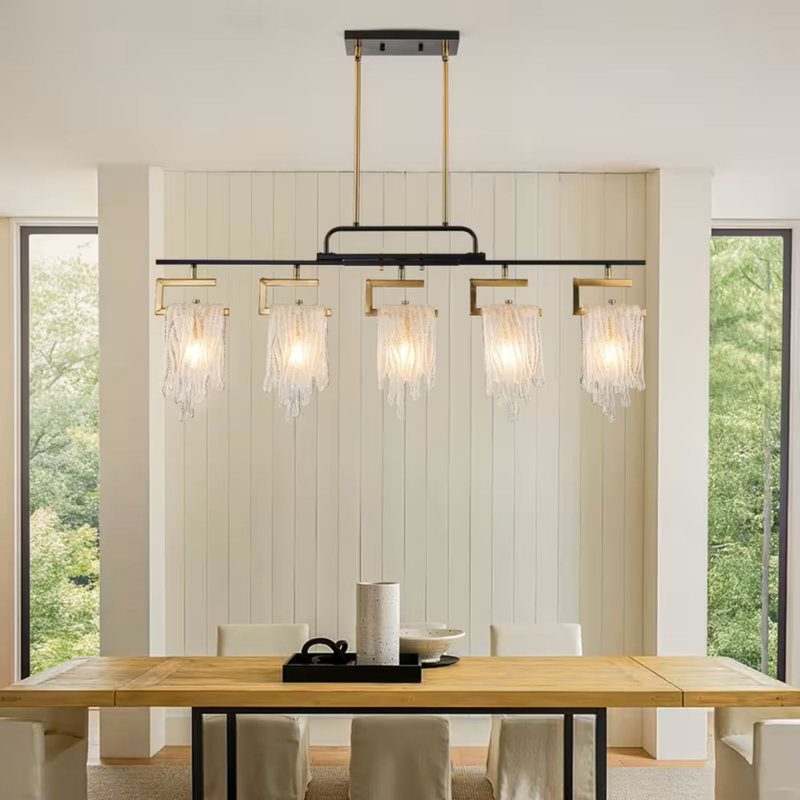 Modern Farmhouse 5-Light Linear Chandelier/Ceiling Pendant Light - Matte Black Semi-Flush Mount Hanging Fixture With Clear Glass Shades, Included Suitable Island & Dining Table Lighting, Dimmable