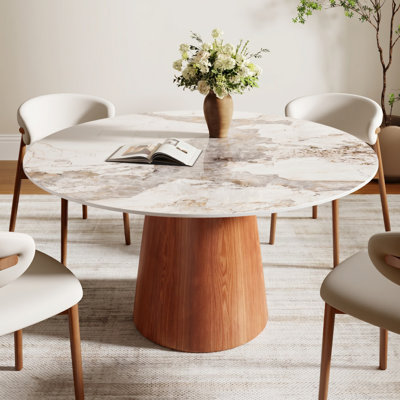 Table de salle à manger ronde Designer 47 po / 53 po / 59 po avec piédestal en bois massif authentique et 4 dessus en pierre frittée de luxe pour les salles à manger modernes