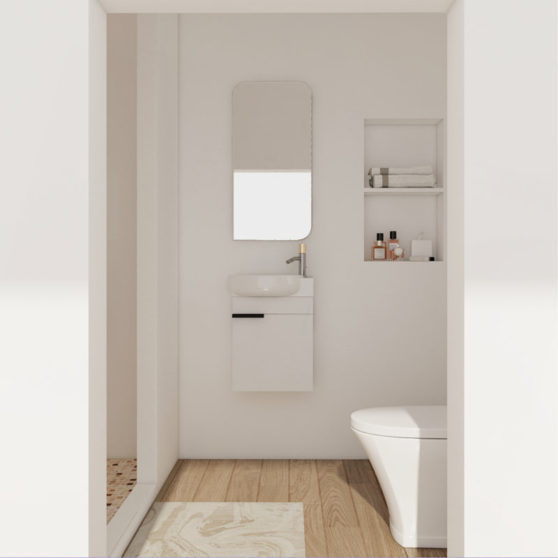 Meuble-lavabo à fermeture en douceur avec lavabo, 16 pouces pour petite salle de bain, Blanc brillant