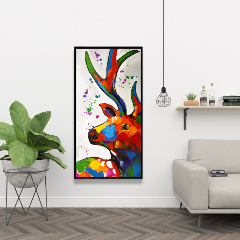 Abstract colorful deer with paint splash - 24"x48" Framed canvas