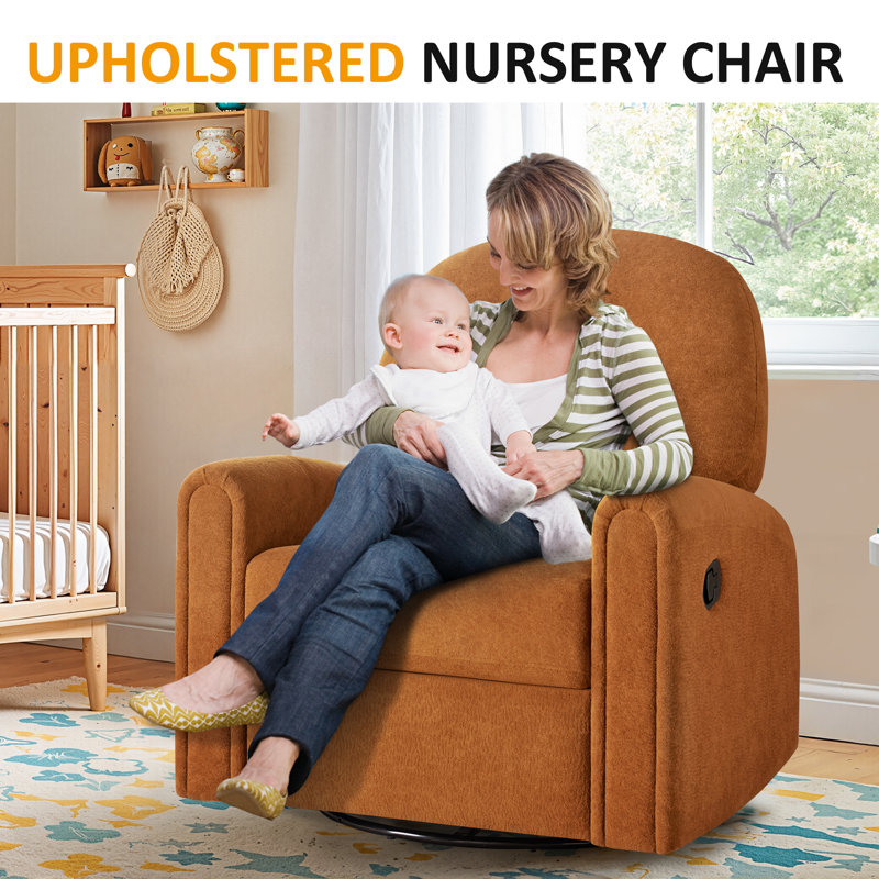 33.46’’ Nursery Rocking Chair, Upholstered Swivel Recliner, Curry