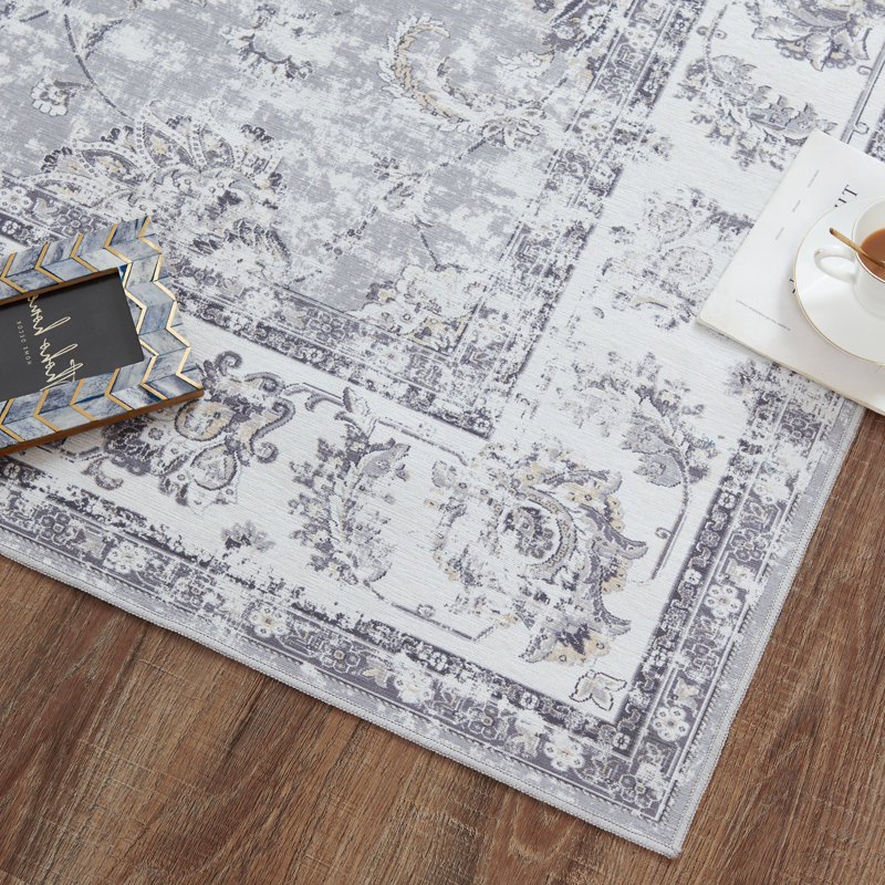 Tapis oriental lavable en chenille avec envers antidérapant pour salon , Gris patiné, Rectangle 9 pi x 12 pi