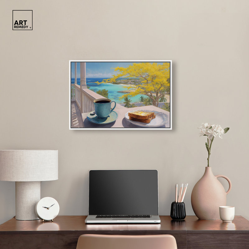 «Morning Toast Ocean View», reproduction d'art sur toile encadrée par Art Remedy, cadre blanc, 24 x 16, 17"H x 25"W