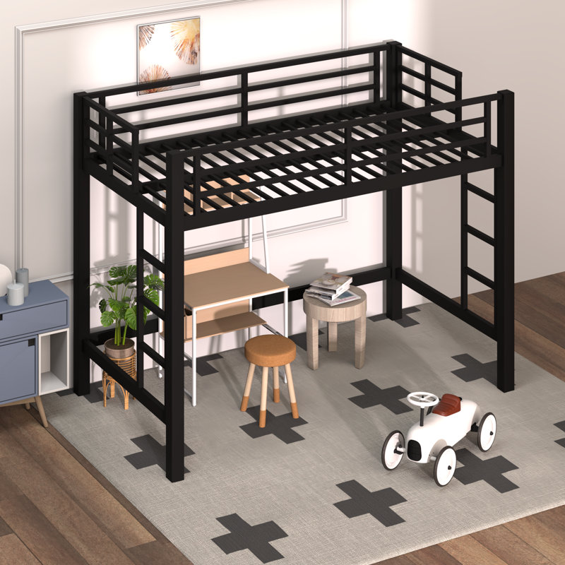 Twin Size Black Metal Loft Bed  With 2 Built-in Ladders, Twin