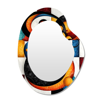 Jered Whirling Swirls Retro Red And Blue I - Abstract Spirals Asymmetrical Decorative Mirror, Modern Unique Shape Wall Mirror, Printed Metal Art
