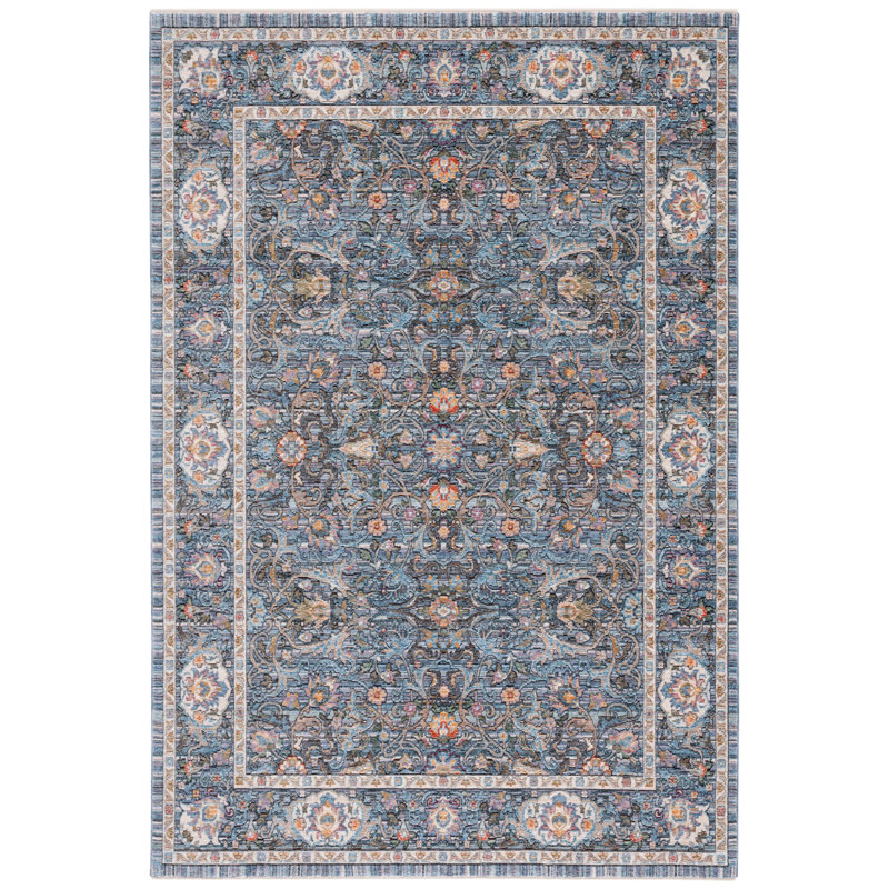 Tapis oriental en polyester tissé à la machine en bleu / ivoire, Rectangle 2 pi 2 po x 4 pi