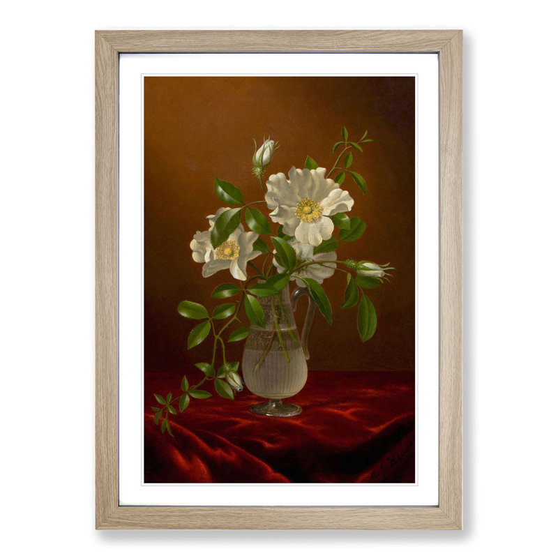 Cherokee Roses in a Vase by Martin Johnson Heade - Picture Frame Painting, 65cm H x 48cm W x 2cm D, Oak Framed