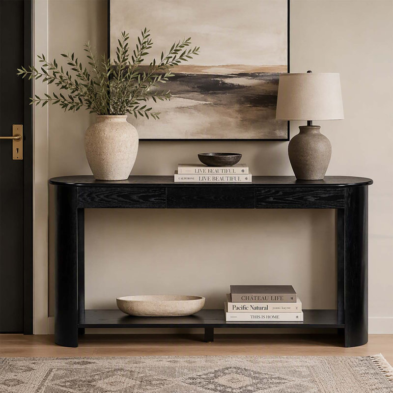 Console moderne en placage de chêne de 152 cm (59,8 po) avec 3 tiroirs, table d'entrée de style campagnard avec étagère, design semi-circulaire pour salon, couloir, entrée, hall d'entrée, couloir