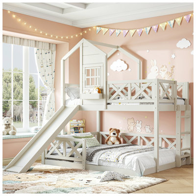 Twin Over Full House Bunk Bed Frame with Slide, Wooden Playhouse Loft Bunk Bed with X-Shaped Safety Guardrail, Window & Storage Space, No Box Spring Needed, Beige