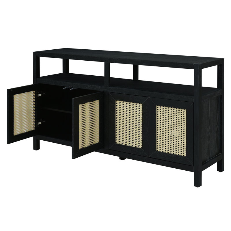 Armoire de rangement en rotin de style bohémien avec structure en bois massif, buffet avec tablettes réglables à 3 positions, conception à pousser sans poignée