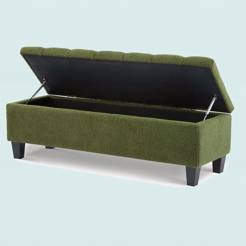 Banc repose-pieds avec rangement, surface bouclée, pieds en bois d'hévéa, Vert