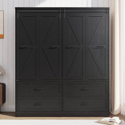 Armoire penderie H 73,00 po avec capteur de lumière, tiroirs, tringle suspendue et portes de grange coulissantes pliantes