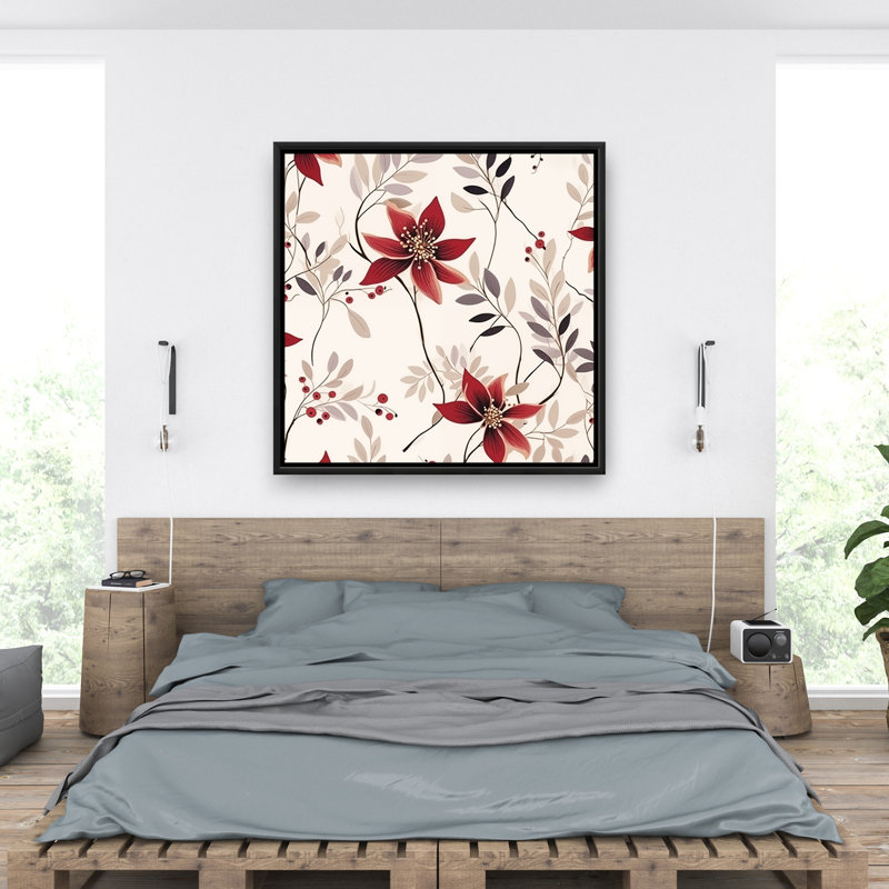 Red Flower Pattern - White Framed Canvas Home Decor Art