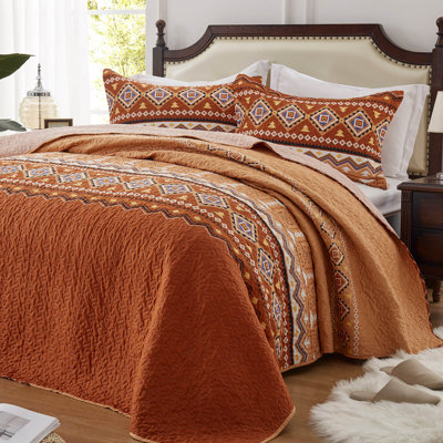 2-Piece Twin Size Quilt Set - Lightweight Microfiber Bedspread & 1 Pillow Sham, Burnt Orange Rust Aztec Boho Pattern, Oversized 68x86 Inches, All-Season Bed Cover