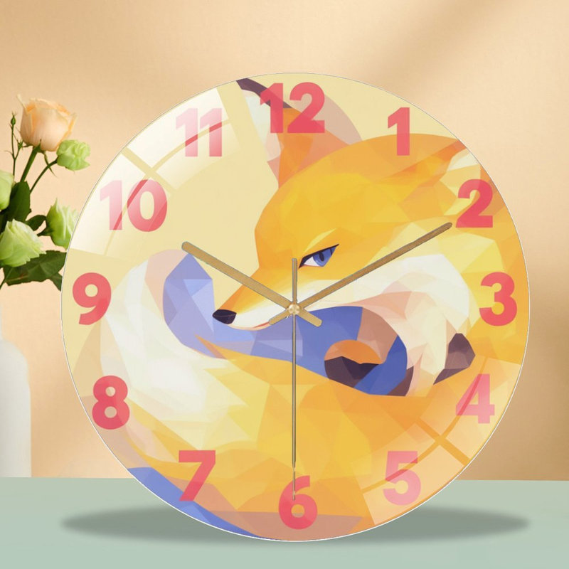 Horloge murale élégante en forme de renard avec dessin géométrique en 2 dimensions - horloge murale moderne en verre 12 po