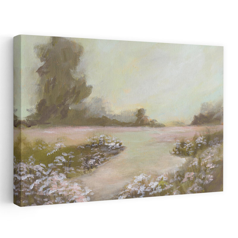 Peaceful Day - Art contemporain vert pastel sur un sentier floral, H 24 po x l 36 po