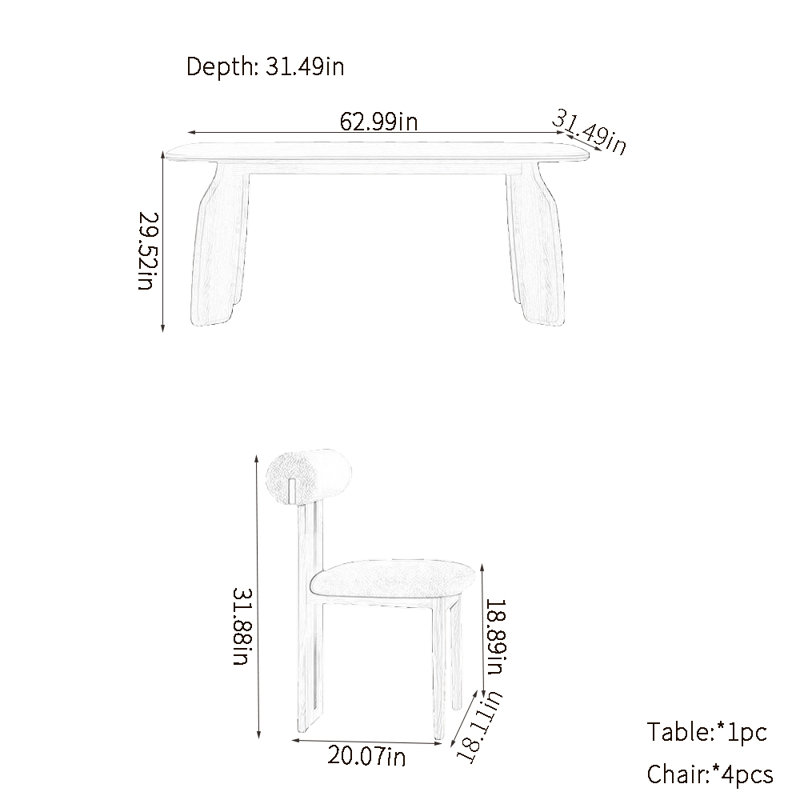 Ensemble de table de salle à manger simple en bois massif rétro, H 29,52 po x L 62,99 po x l 31,49 po