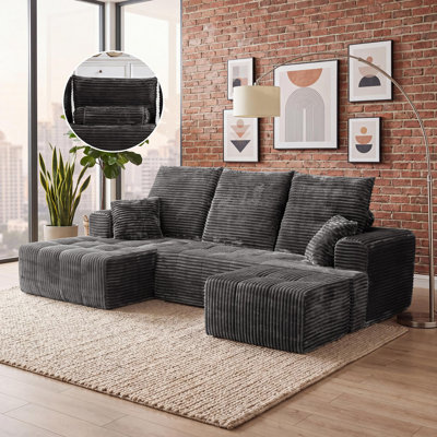 Canapé d'angle modulaire compressé en forme de U de 277 cm de large avec méridienne et pouf, 3 pièces, revêtement en velours côtelé, assise profonde, ressorts ensachés et 5 coussins pour salon, aucun assemblage requis, gris