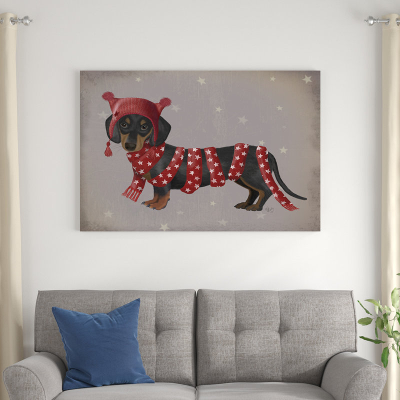 «Dachshund And Long Scarf» par Fab Funky - impression sur toile tendue, H 32 po x l 48 po