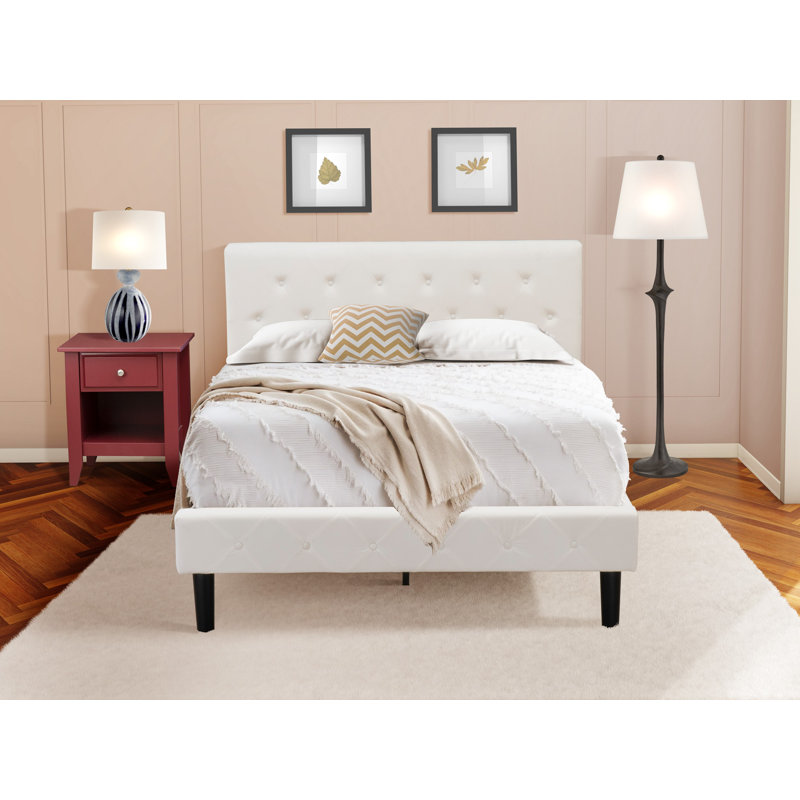 Ensemble de lit double 2 pièces - Base de lit plateforme capitonnée - Tête de lit tapissier en tissu de velours blanc lin et table de chevet à finition bourgogne