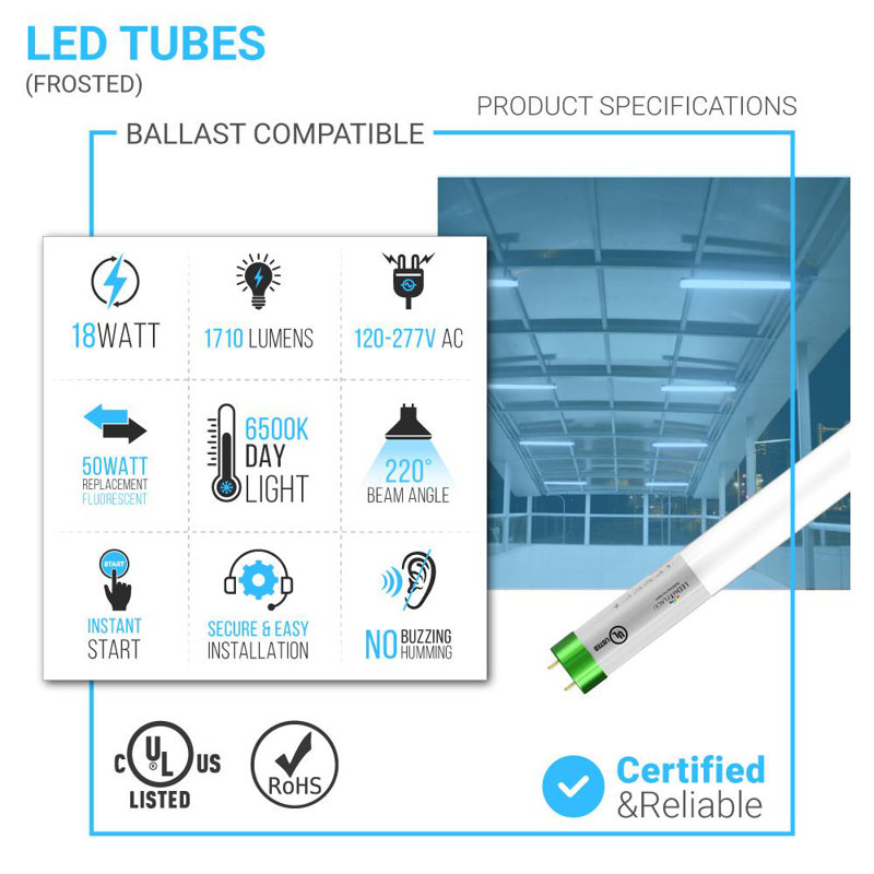 18 watts (équivalent à 50 watts), ampoule à DEL T8 non-à intensité variable, culot G13/à deux broches, 6 500 K