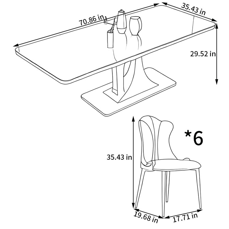 Ensemble de table de salle à manger rectangulaire et chaises, H 29,52 po x L 70,86 po x l 35,43 po