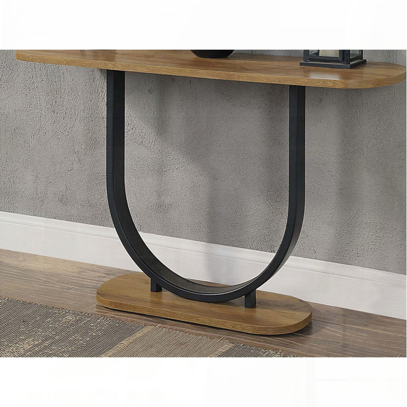 Table de canapé industrielle avec base en forme de U et plateau en bois reproduit - chêne rustique et noir sable